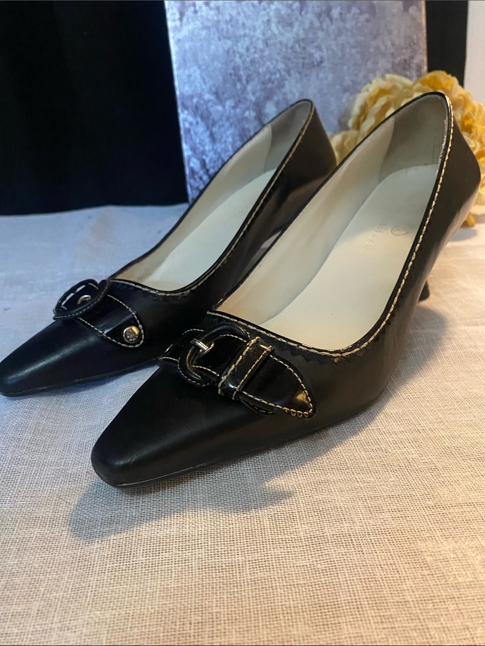 Cole Haan SZ 7 Black Patent with Buckle Trim Kitten Heel Pumps Made In Brazil